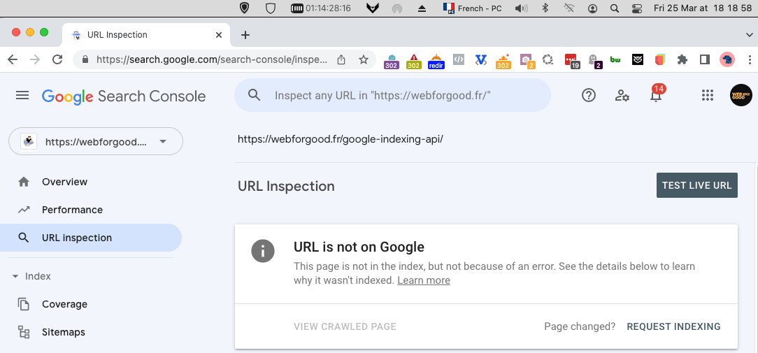 Capture d'écran de la Google search console d'une page non indexée