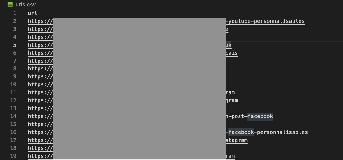 Capture d'écran du contenu exemple du fichier urls.csv